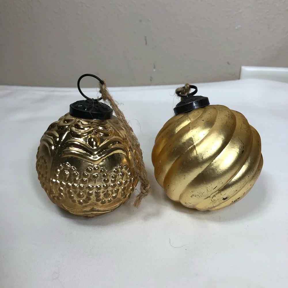 Pottery Barn MERCURY GLASS Embossed Gold Antique Finish‎ Christmas Ornaments 6